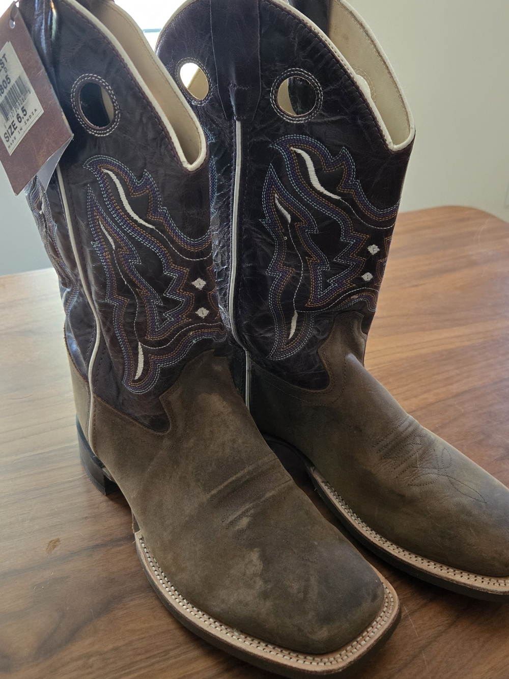 Old West Leather Cowboy Boots Square Toe Purple Stitch Boho Festival 6.5 Kids